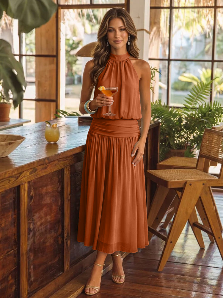Chiffon A-Line Halter Midi Cocktail Dresses with Ruched Elastic Waistband