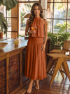 Chiffon A-Line Halter Midi Cocktail Dresses with Ruched Elastic Waistband