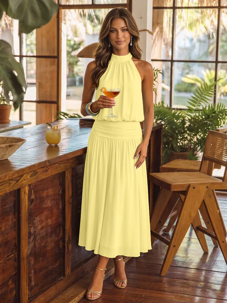Chiffon A-Line Halter Midi Cocktail Dresses with Ruched Elastic Waistband