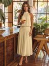 Chiffon A-Line Halter Midi Cocktail Dresses with Ruched Elastic Waistband