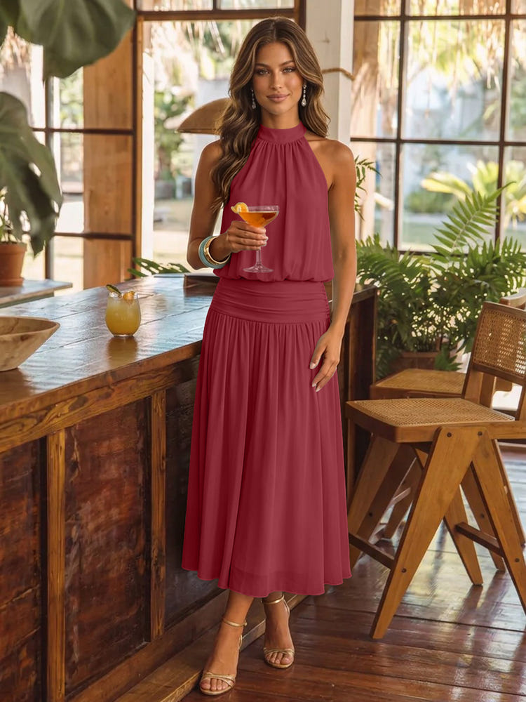 Chiffon A-Line Halter Midi Cocktail Dresses with Ruched Elastic Waistband