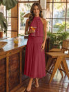 Chiffon A-Line Halter Midi Cocktail Dresses with Ruched Elastic Waistband