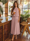 Chiffon A-Line Halter Midi Cocktail Dresses with Ruched Elastic Waistband