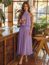 Chiffon A-Line Halter Midi Cocktail Dresses with Ruched Elastic Waistband