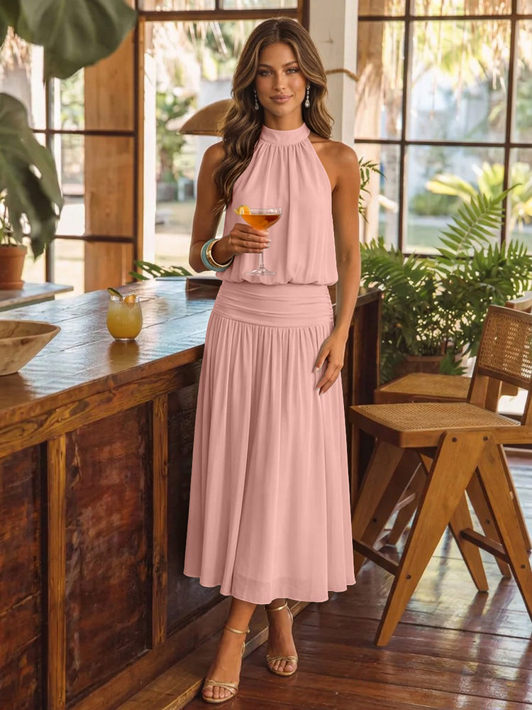 Chiffon A-Line Halter Midi Cocktail Dresses with Ruched Elastic Waistband