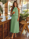 Chiffon A-Line Halter Midi Cocktail Dresses with Ruched Elastic Waistband