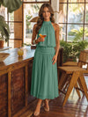 Chiffon A-Line Halter Midi Cocktail Dresses with Ruched Elastic Waistband