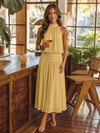 Chiffon A-Line Halter Midi Cocktail Dresses with Ruched Elastic Waistband