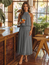 Chiffon A-Line Halter Midi Cocktail Dresses with Ruched Elastic Waistband