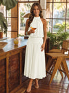 Chiffon A-Line Halter Midi Cocktail Dresses with Ruched Elastic Waistband