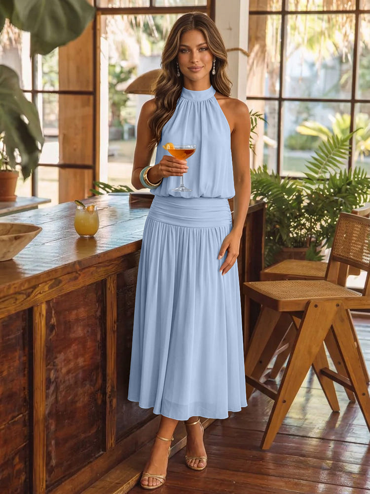 Chiffon A-Line Halter Midi Cocktail Dresses with Ruched Elastic Waistband