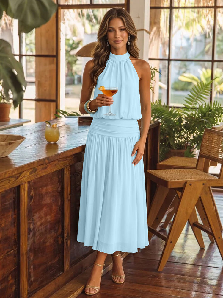 Chiffon A-Line Halter Midi Cocktail Dresses with Ruched Elastic Waistband