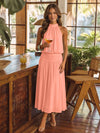 Chiffon A-Line Halter Midi Cocktail Dresses with Ruched Elastic Waistband