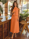 Chiffon A-Line Halter Midi Cocktail Dresses with Ruched Elastic Waistband