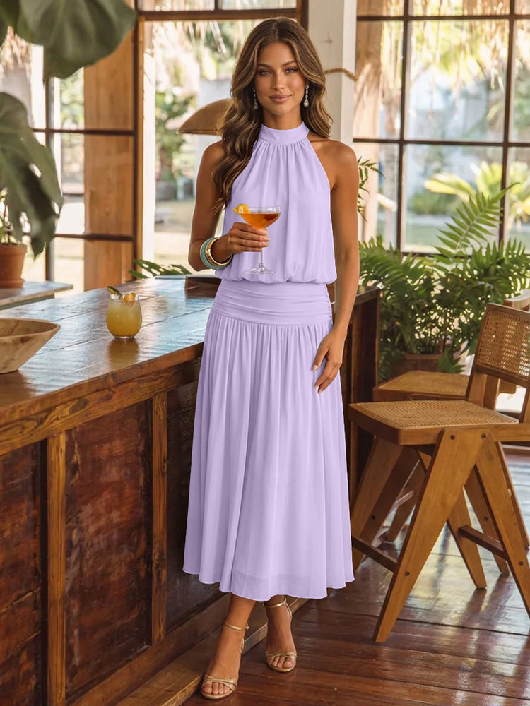 Chiffon A-Line Halter Midi Cocktail Dresses with Ruched Elastic Waistband