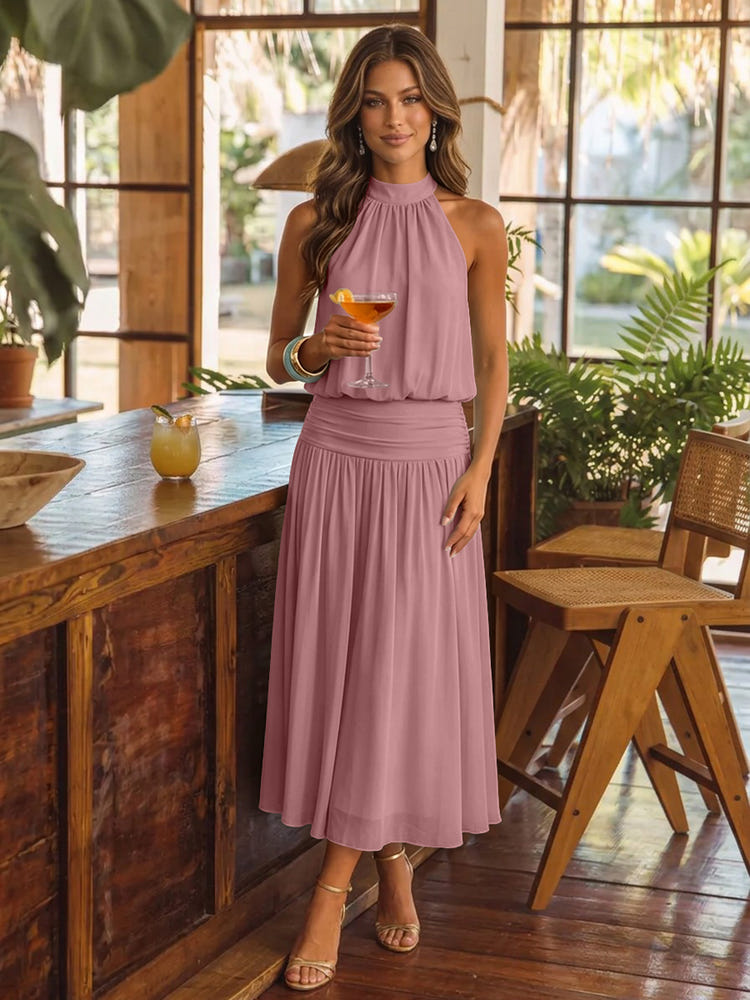 Chiffon A-Line Halter Midi Cocktail Dresses with Ruched Elastic Waistband