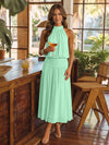 Chiffon A-Line Halter Midi Cocktail Dresses with Ruched Elastic Waistband