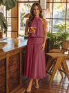 Chiffon A-Line Halter Midi Cocktail Dresses with Ruched Elastic Waistband