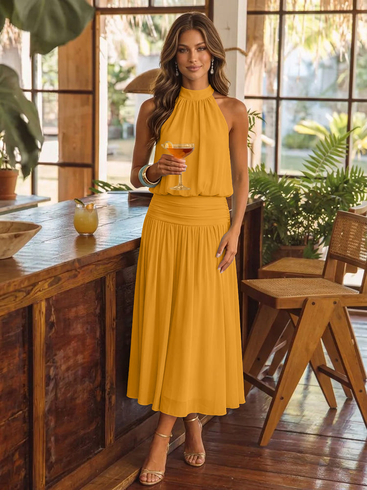 Chiffon A-Line Halter Midi Cocktail Dresses with Ruched Elastic Waistband