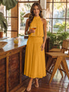 Chiffon A-Line Halter Midi Cocktail Dresses with Ruched Elastic Waistband
