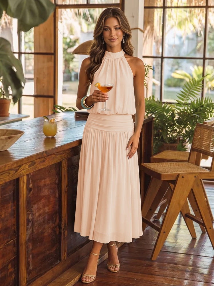 Chiffon A-Line Halter Midi Cocktail Dresses with Ruched Elastic Waistband