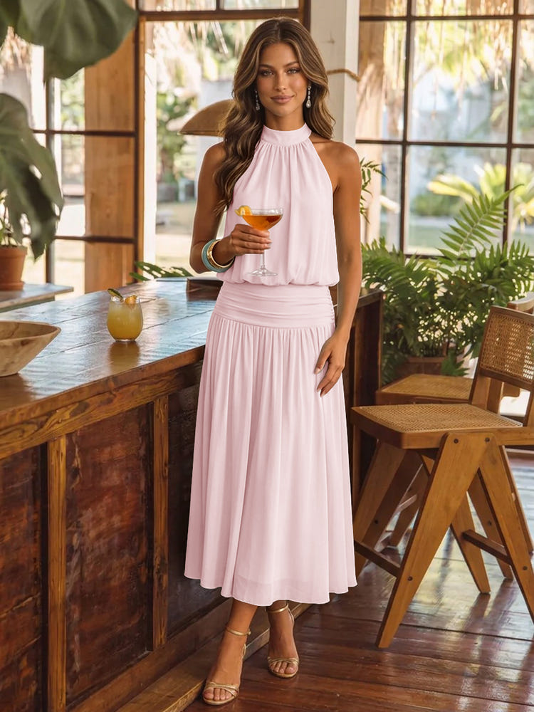 Chiffon A-Line Halter Midi Cocktail Dresses with Ruched Elastic Waistband