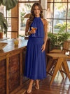 Chiffon A-Line Halter Midi Cocktail Dresses with Ruched Elastic Waistband