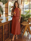 Chiffon A-Line Halter Midi Cocktail Dresses with Ruched Elastic Waistband