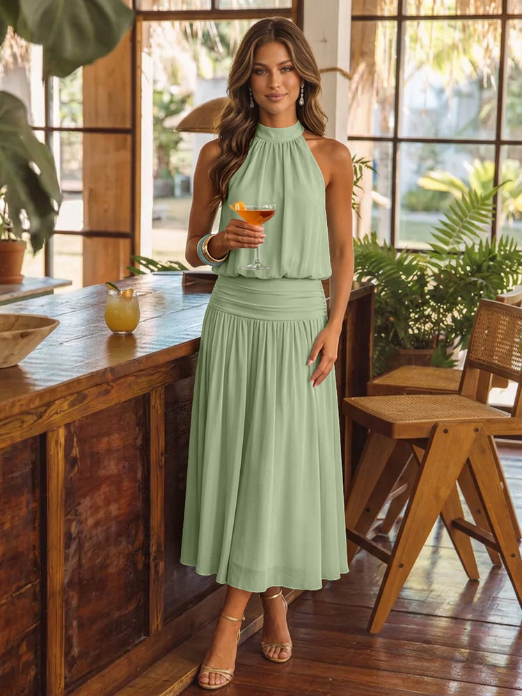 Chiffon A-Line Halter Midi Cocktail Dresses with Ruched Elastic Waistband