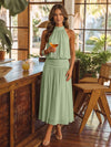 Chiffon A-Line Halter Midi Cocktail Dresses with Ruched Elastic Waistband