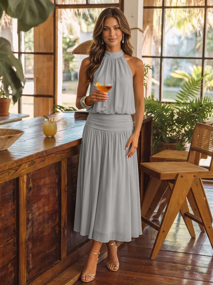 Chiffon A-Line Halter Midi Cocktail Dresses with Ruched Elastic Waistband
