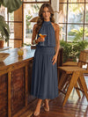 Chiffon A-Line Halter Midi Cocktail Dresses with Ruched Elastic Waistband