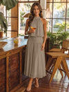 Chiffon A-Line Halter Midi Cocktail Dresses with Ruched Elastic Waistband