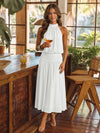 Chiffon A-Line Halter Midi Cocktail Dresses with Ruched Elastic Waistband