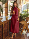 Chiffon A-Line Halter Midi Cocktail Dresses with Ruched Elastic Waistband