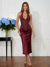 Satin Sheath Halter Midi Cocktail Dresses with Deep V Neck
