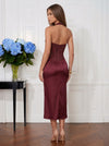 Satin Sheath Halter Midi Cocktail Dresses with Deep V Neck