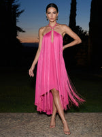 Chiffon A-Line Halter Midi Cocktail Dresses with Fringe