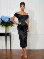 Satin Sheath Off Shoulder Midi Cocktail Dresses with Ruched