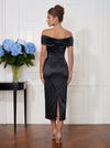 Satin Sheath Off Shoulder Midi Cocktail Dresses with Ruched