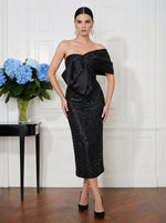 Sequin Sheath One Shoulder Midi Cocktail Dresses with Bow