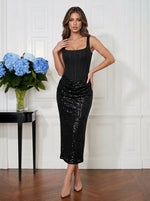 Sequin Sheath Square Neck Midi Cocktail Dresses with Corset Bodice