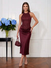 Satin Mermaid Crew Neck Midi Cocktail Dresses with Sequin
