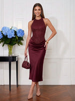 Satin Mermaid Crew Neck Midi Cocktail Dresses with Sequin