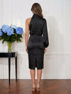 Satin Sheath High Neck Midi Cocktail Dresses with Slit