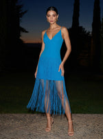 Jersey Sheath Spaghetti Straps Midi Cocktail Dresses with Fringe