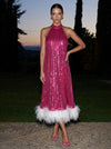 Sequin A-Line Halter Midi Cocktail Dresses with Natural Feather Fringe Hem