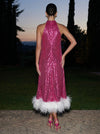 Sequin A-Line Halter Midi Cocktail Dresses with Natural Feather Fringe Hem