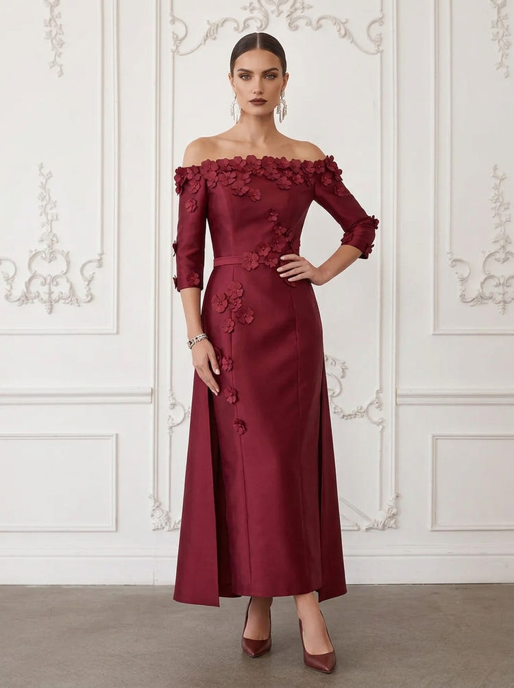 Satin Sheath Off Shoulder Midi Cocktail Dresses with 3D Flowers