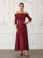 Satin Sheath Off Shoulder Midi Cocktail Dresses with 3D Flowers